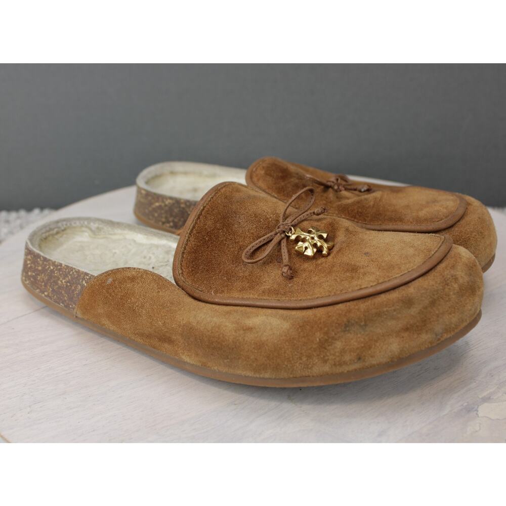 Tory Burch Shearling Lined Suede Slippers Womens 8 Brown Cozy Slip On - Picture 1 of 7